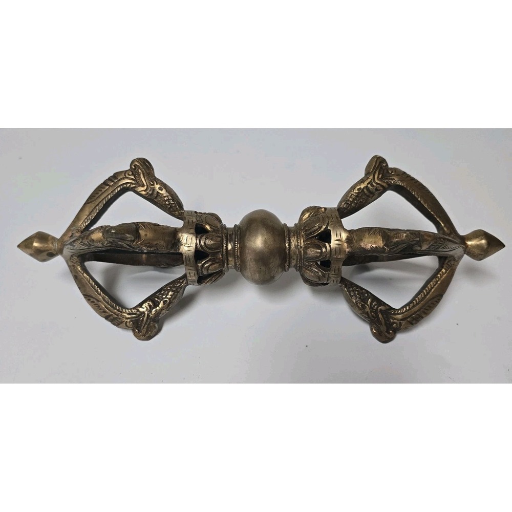 Antique Brass Tibetan Buddhist 5 pronged Vajra/Dorje 13"